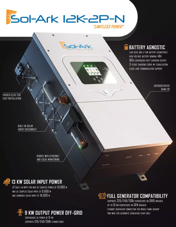 Sol-Ark 12K 120/240/208V Hybrid Solar Inverter (All-In-One), Pre-Wired, Outdoor Rated, Grid-tied, Off-Grid, or 48V battery backup - Image 6